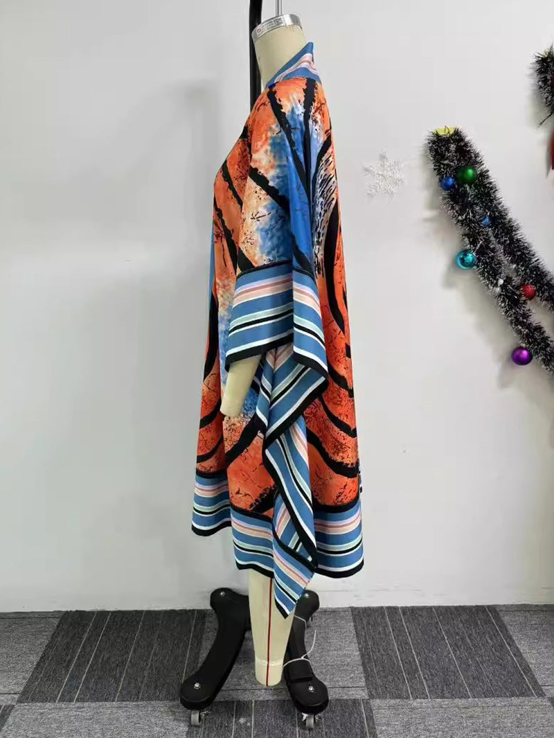 Casual Print Batwing Sleeve Loose Robe Coat