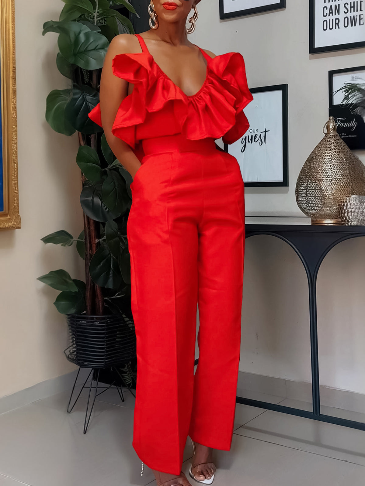 Suspenders Ruffles Tops High Waist Pants Set