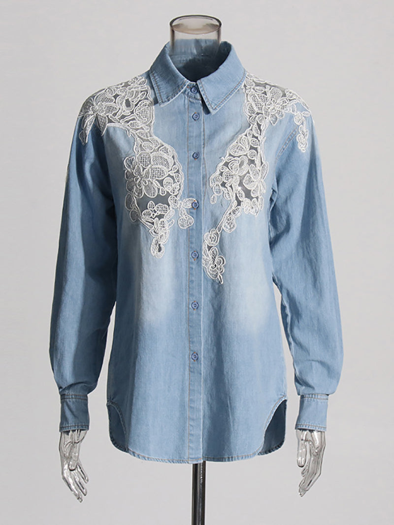 Fashion Denim Lace Denim Shirt -Boutique