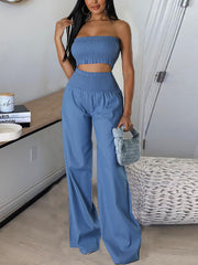 Solid Color Elastic Crop Top Slim Pants Sets