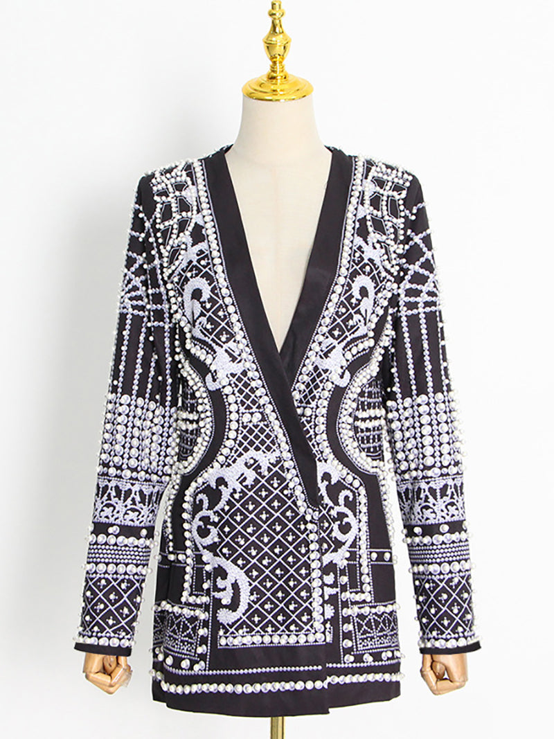 Fashion Beaded Pearl Print V Neck Blazer Jacket