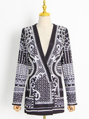 Fashion Beaded Pearl Print V Neck Blazer Jacket