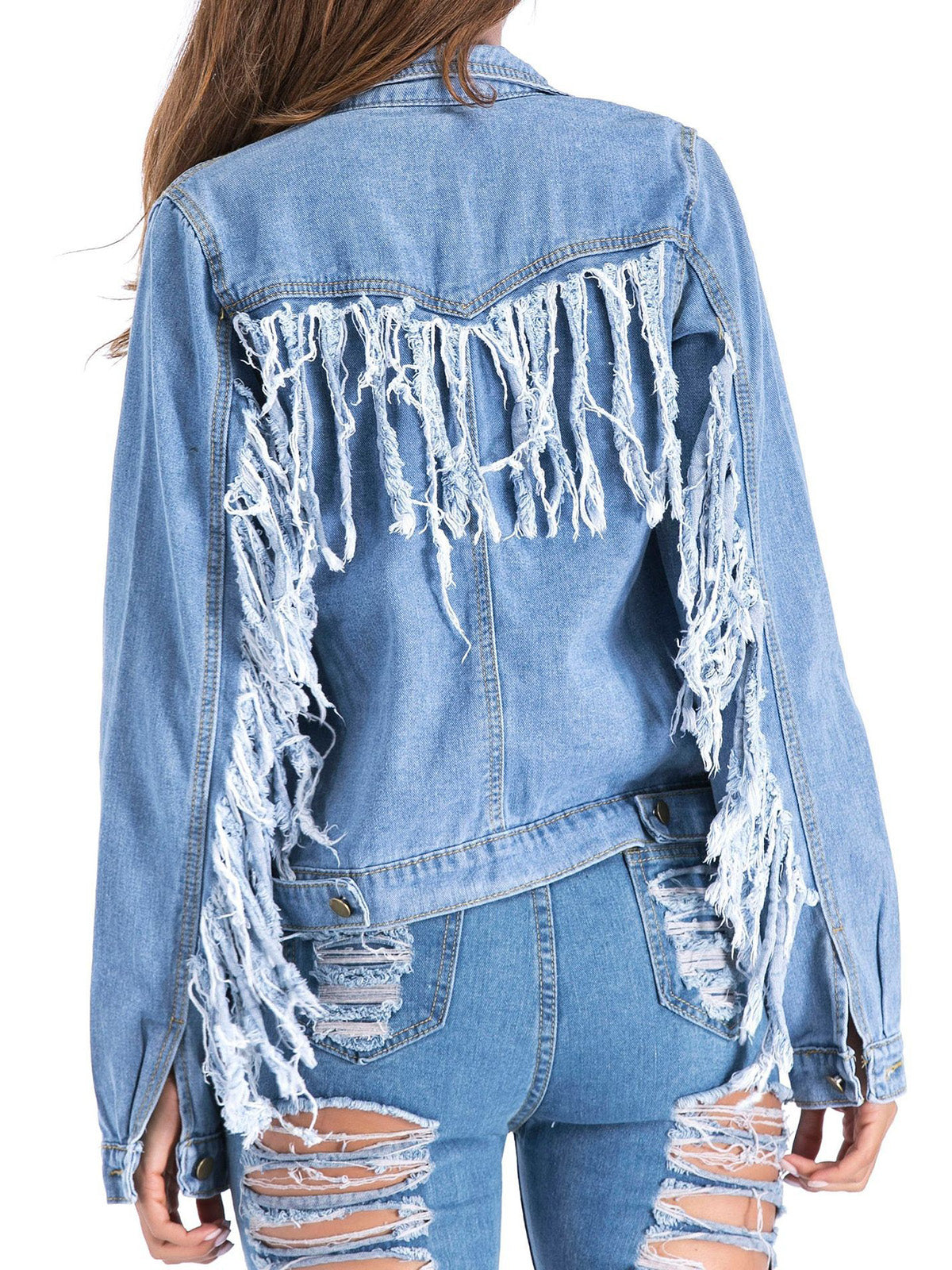 Raw Edge with Fringe Detail Denim Jacket