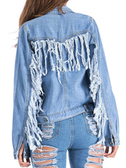 Raw Edge with Fringe Detail Denim Jacket