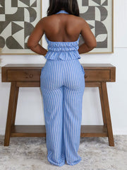 Striped Print Halter Backless Lace-up Top And Pants Set