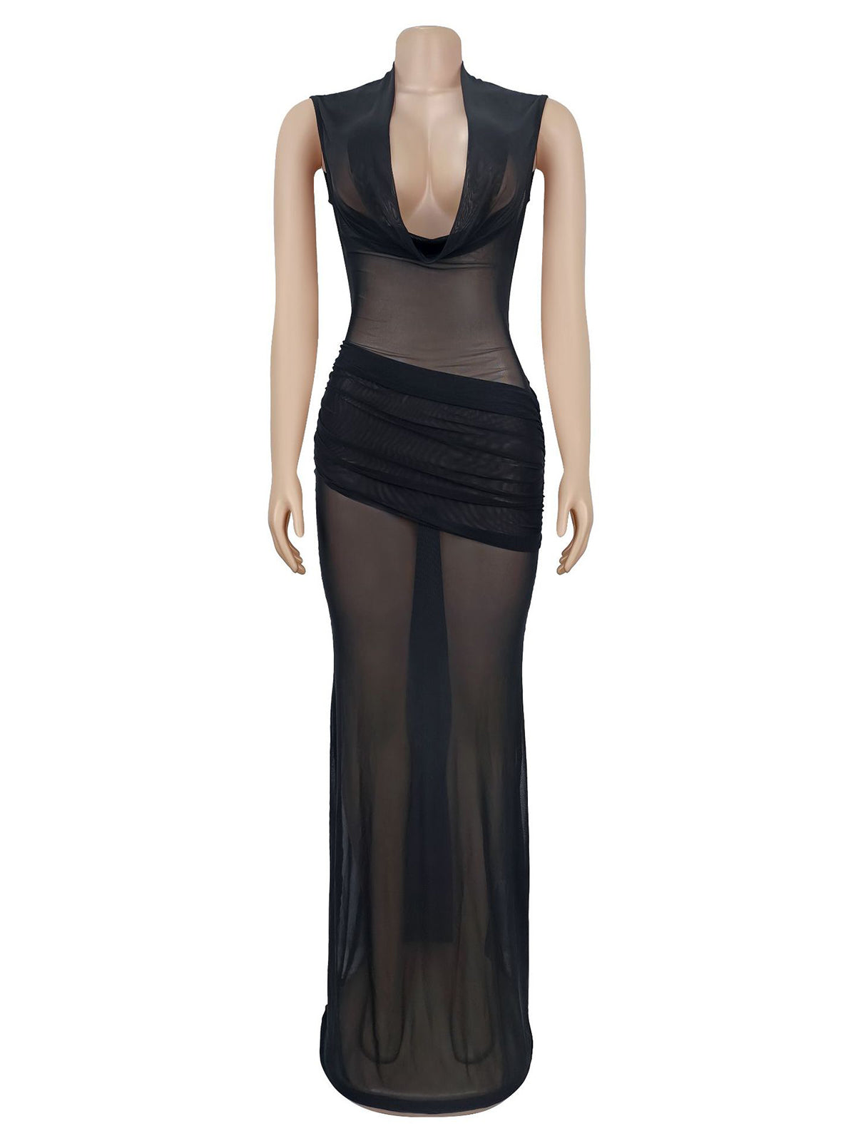 Sexy Deep V Sleeveless Pleated Party Bodycon Maxi Dress
