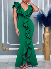 Fashion V Neck Ruffles Fishtail Dress