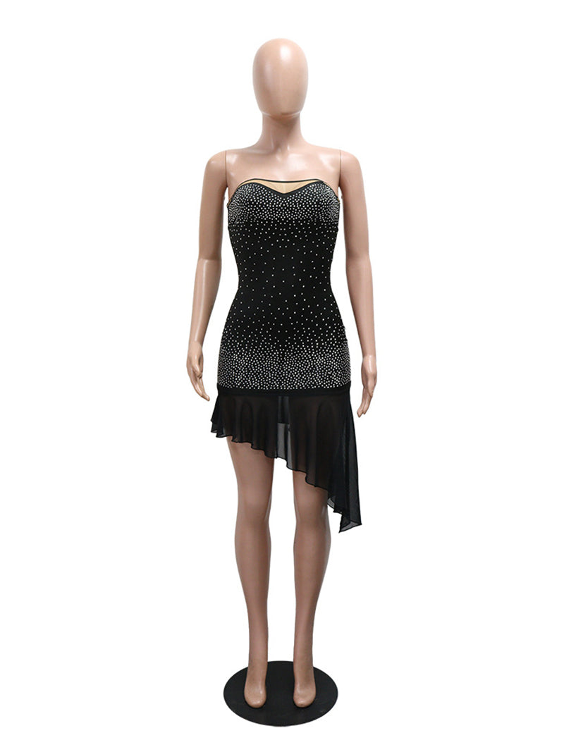 Sexy Rhinestone Ruffles Mesh Patchwork Mini Dress