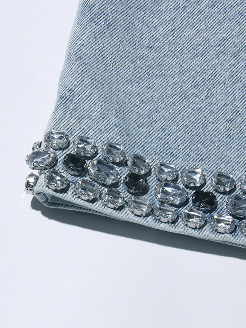 Elegant Crystal Embellished Sleeveless Denim Dress