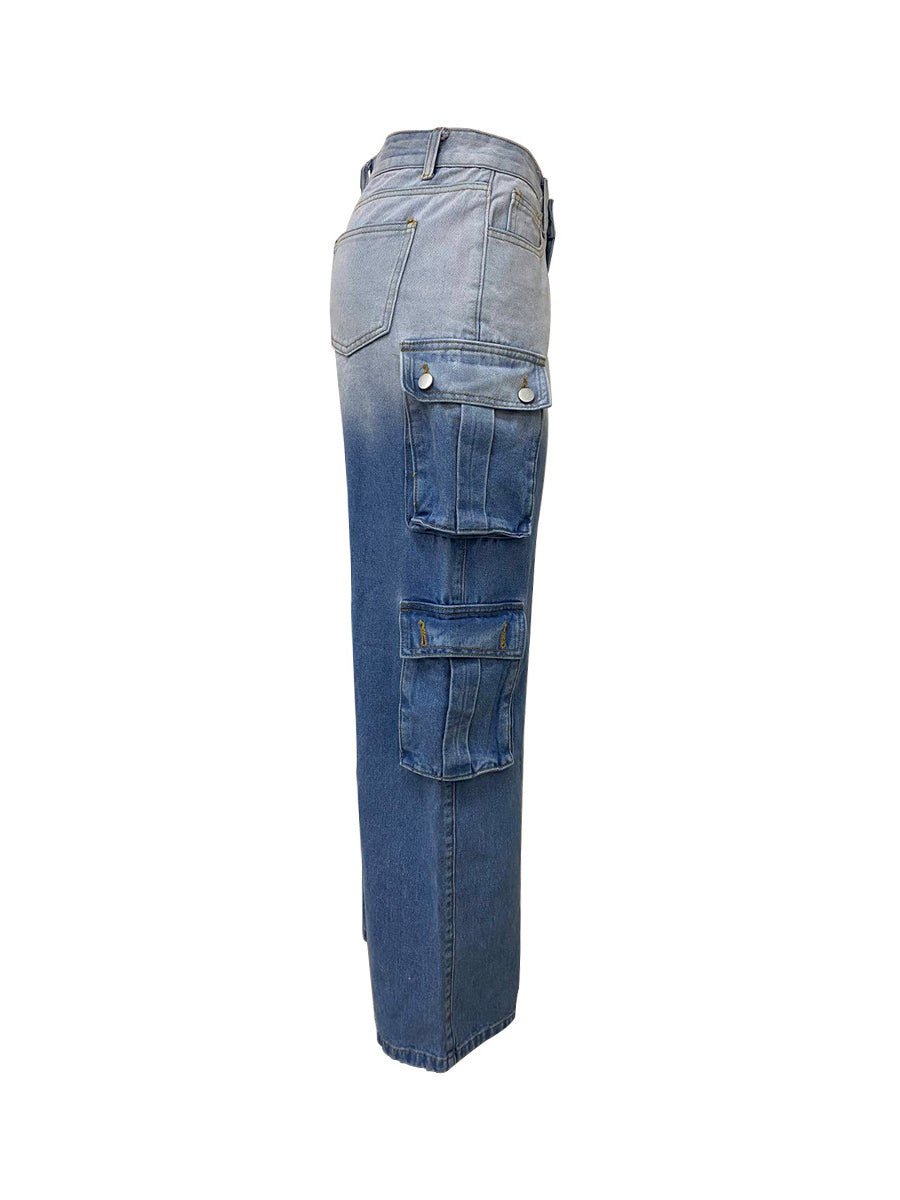 Fashion Gradient Color Cargo Straight Jeans