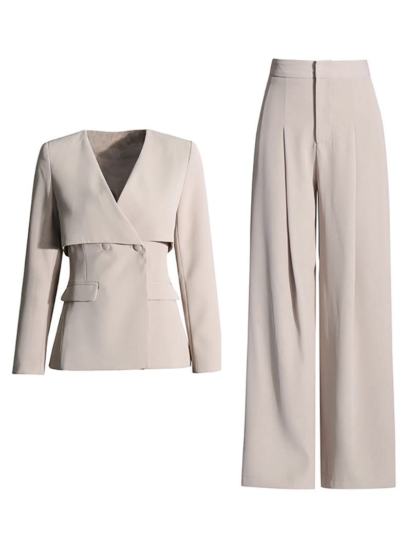 Elegant V Neck Blazer Elastic Waist Wide Leg Pants SuitSets