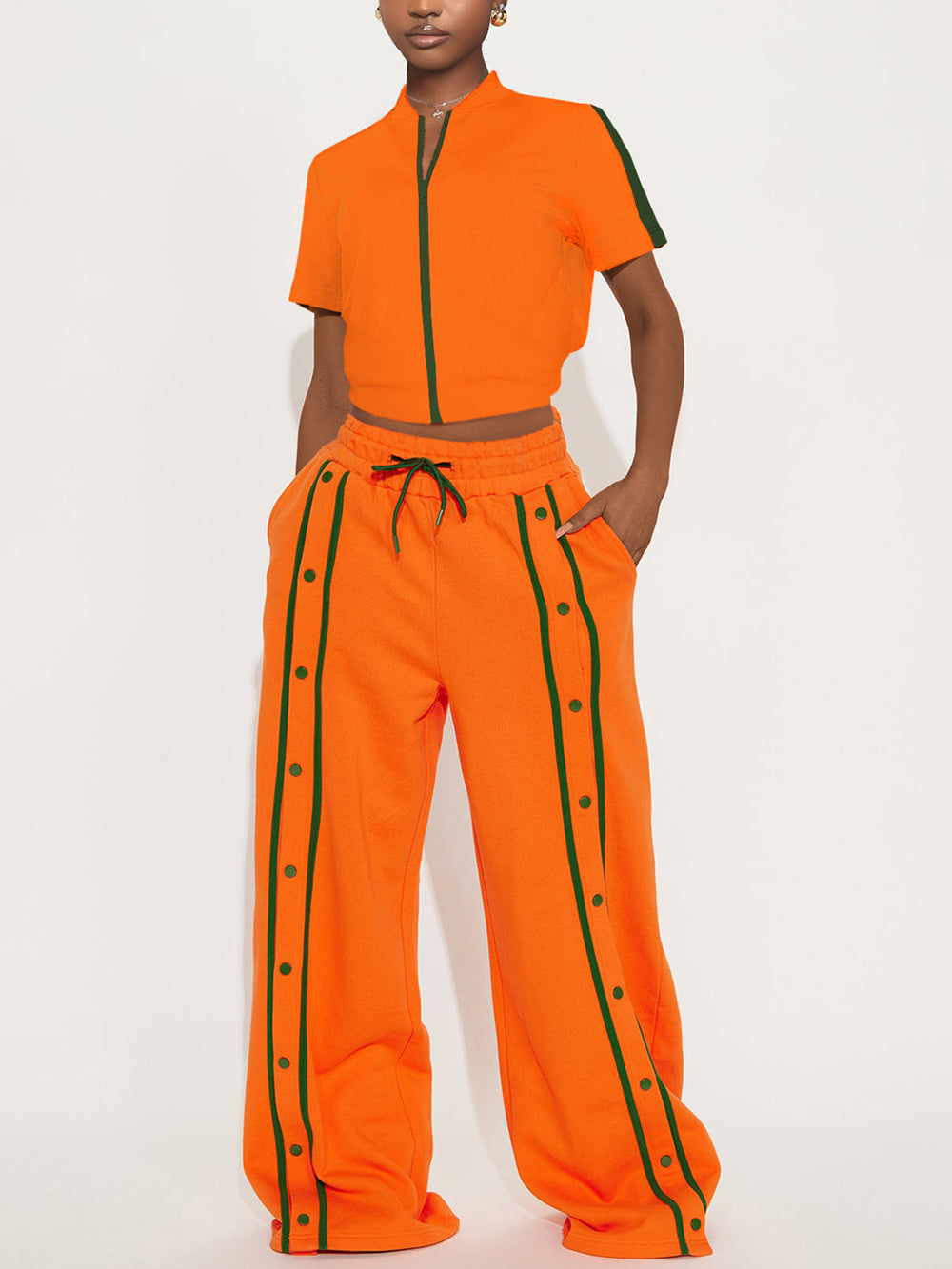 Casual Zipper Crop Top Wide Leg Pant Sportswear Set