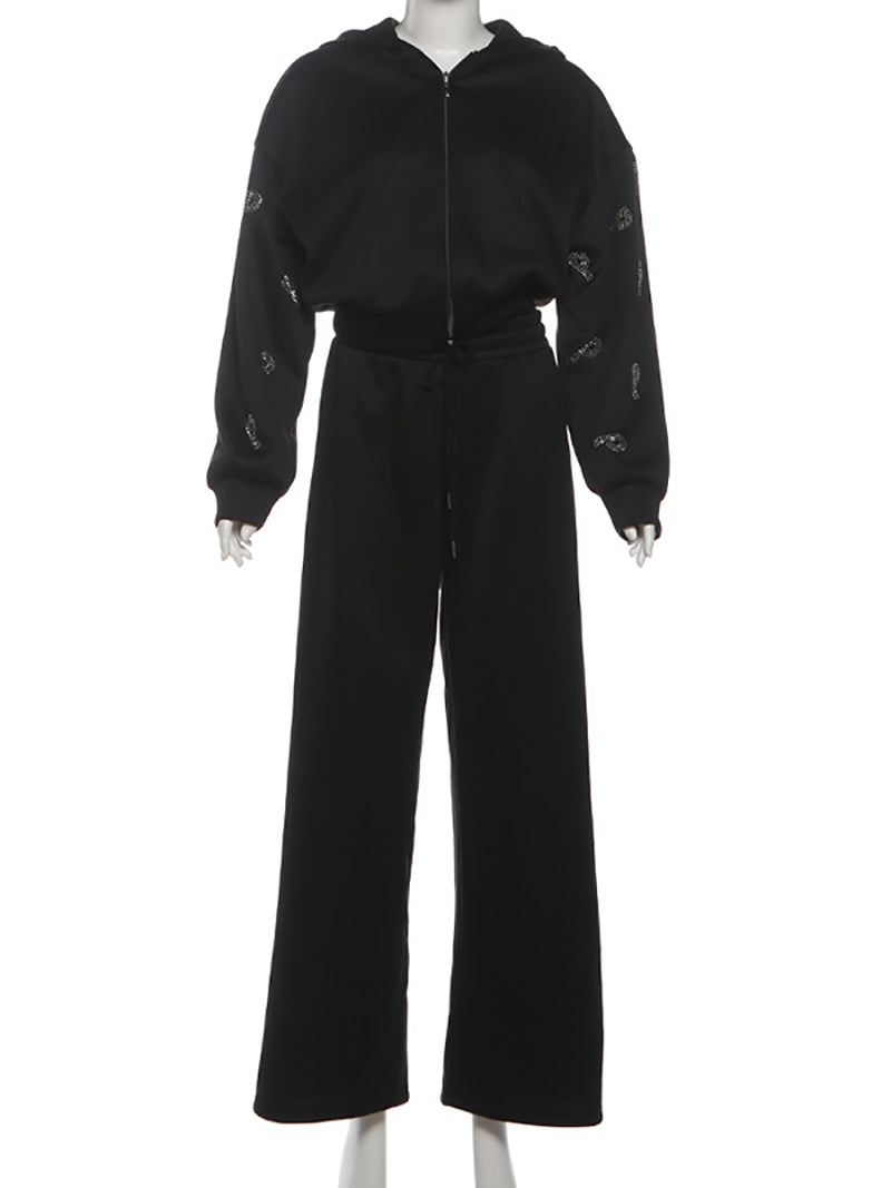 Fashion Rhinestone Cropped Hoodie Straight Pants Set