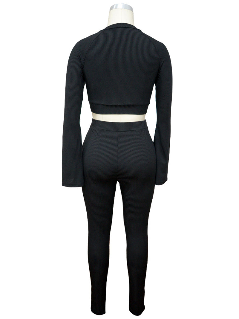 Long Sleeve Crop Top Skinny Pant Ribbed Two piece Set