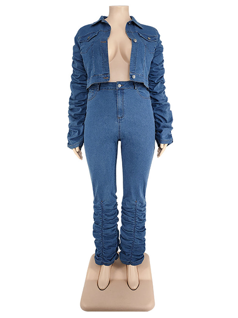 Plus Size Stacked Denim Jacket And Pant Casual Set