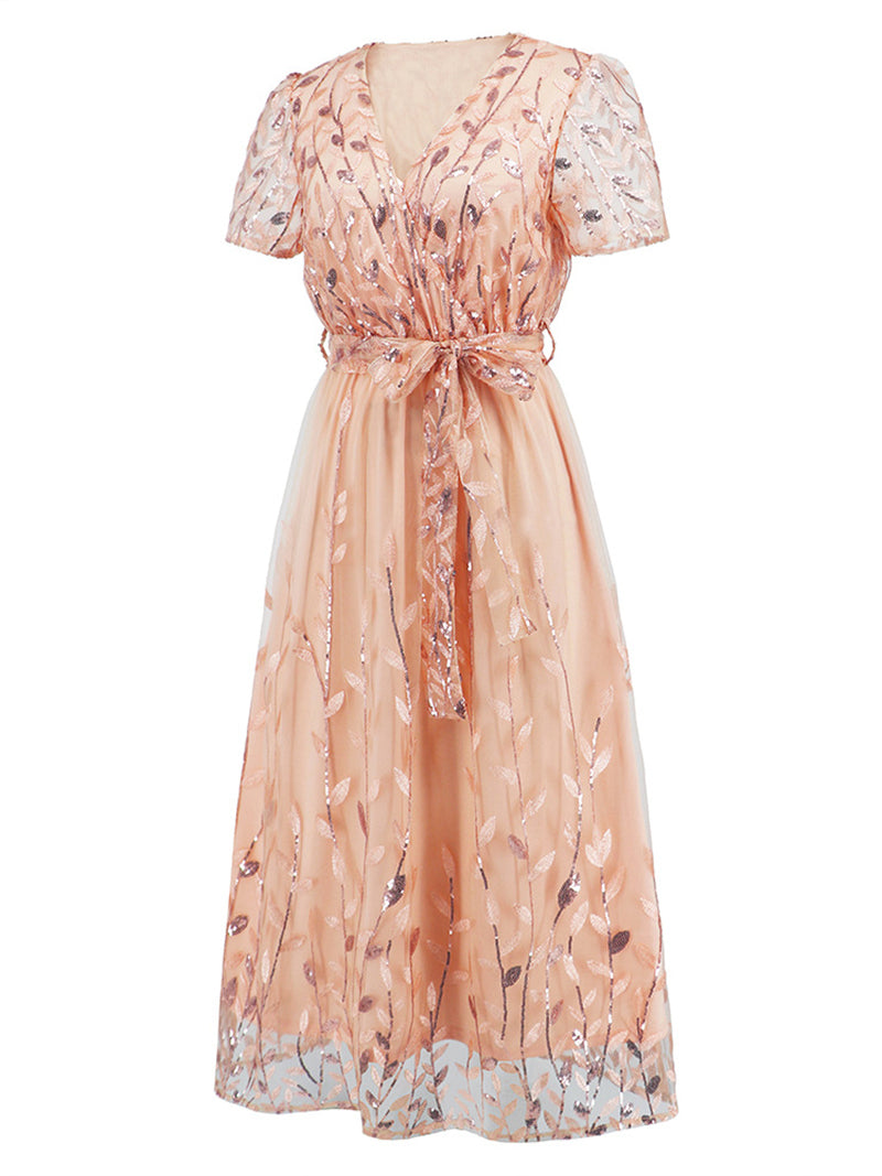 Fashion V-neck Sequin Lace-up Slim Party Dress