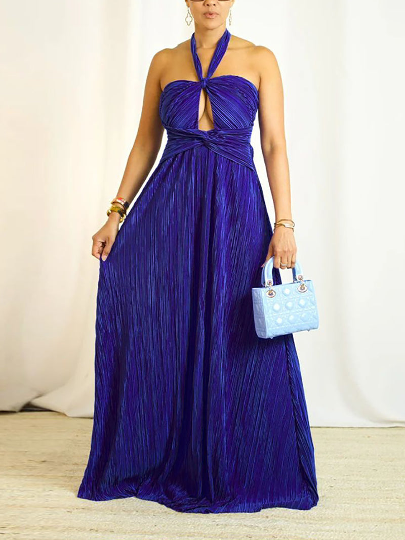 Sexy Strapless Ribbed Cut-Out Halter Maxi Dress