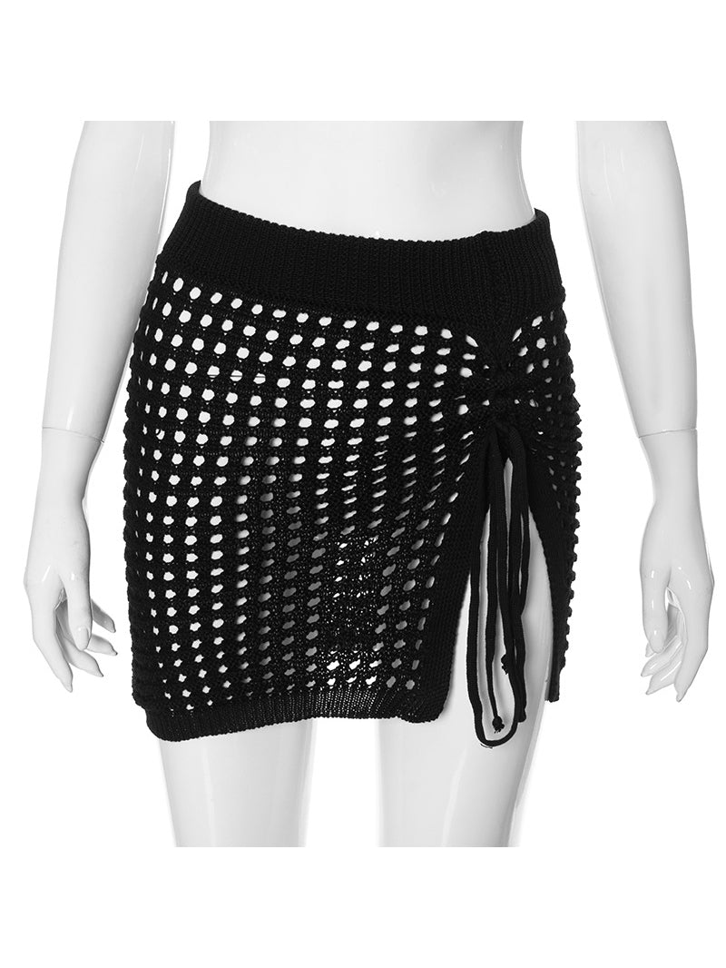 Sexy Hollow out Knit Drawstring Short Skirt