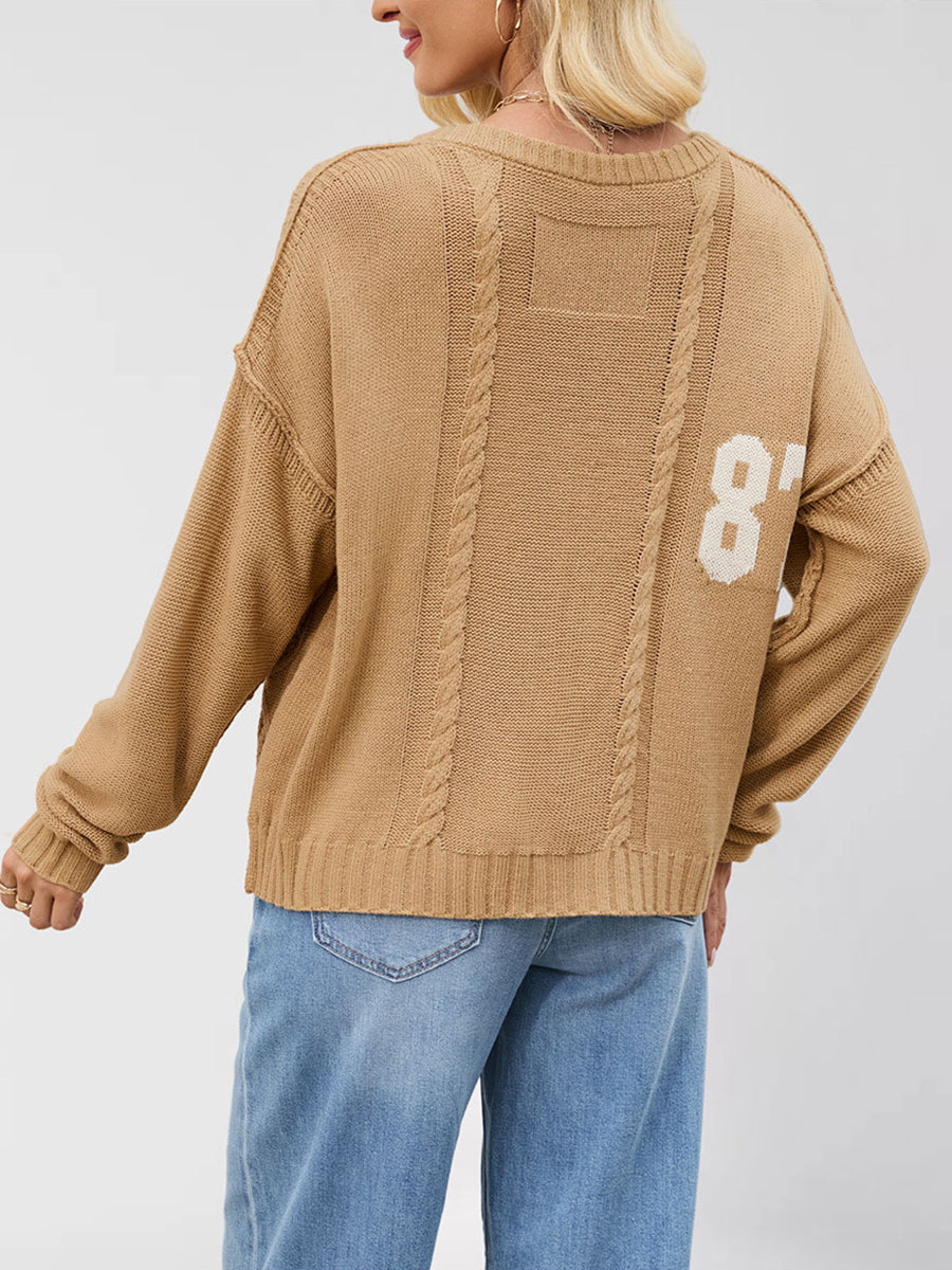 Casual Crew Neck Knit Number Pullover Sweater