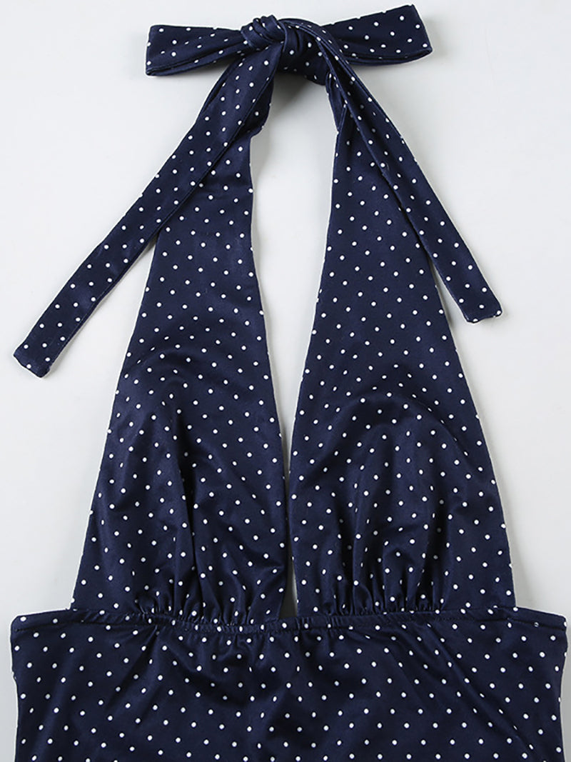 Polka Dot Print Halter Top Tiered Skirt Two Piece Set