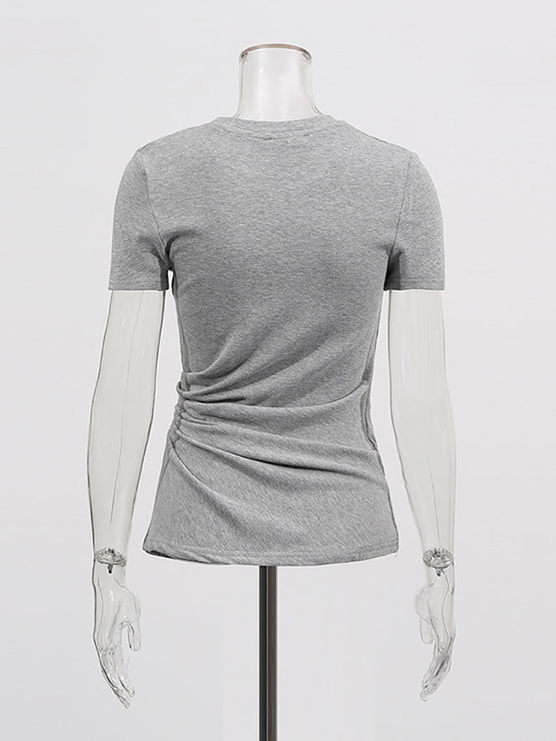 Casual Round Neck Leather Patchwork Slim T-shirt