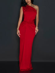 Solid color Slash Shoulder Sleeveless Slim Long Dress