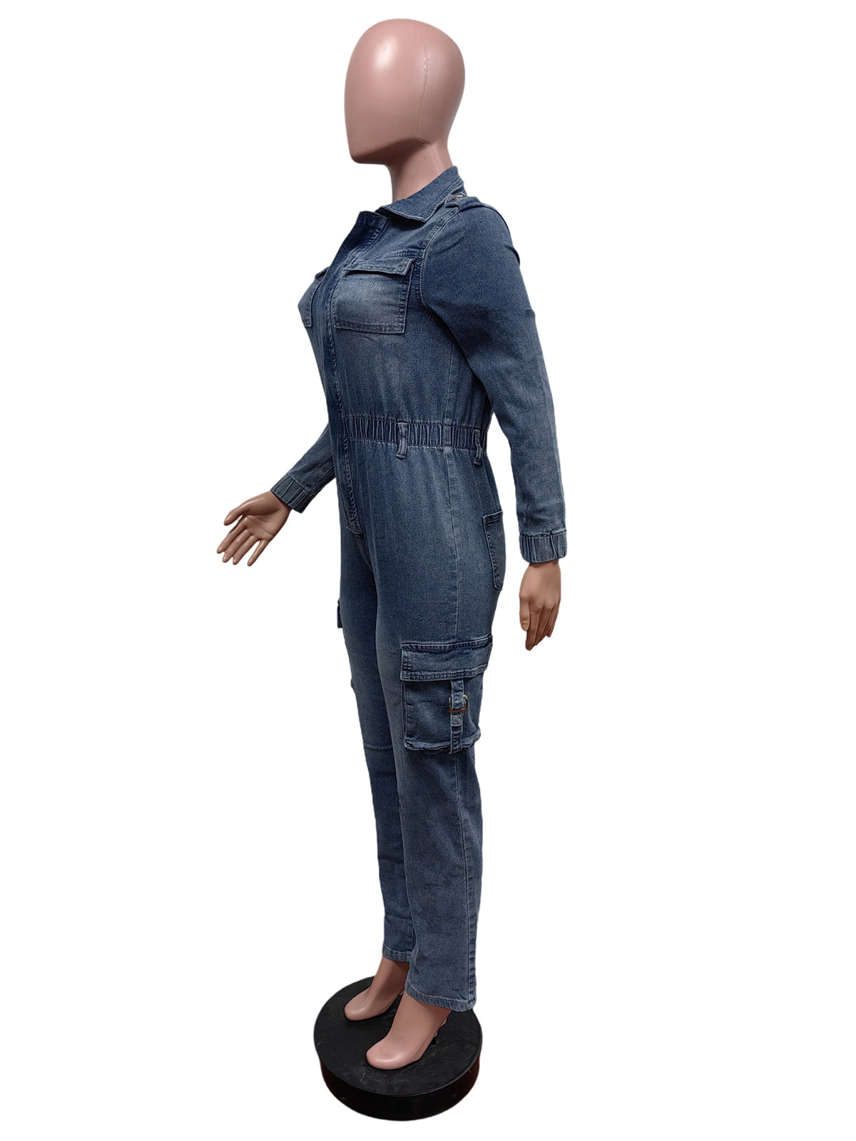 Washed Denim Multi Pocket Cargo Jumpsuits