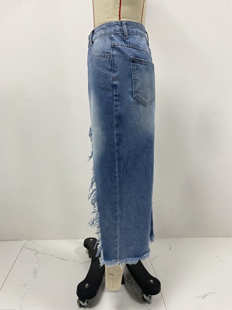 High Waist Irregular Tassel Casual Denim Skirt