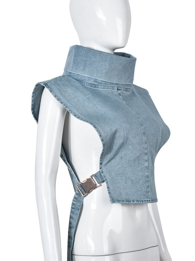 Fashion Heaps Collar Sleeveless Denim Waistcoat