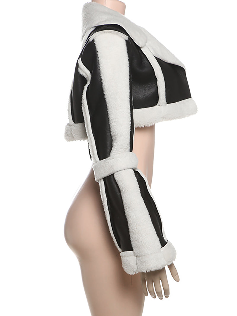 Fashion PU Leather Splicing Fur Collar Cropped Jacket