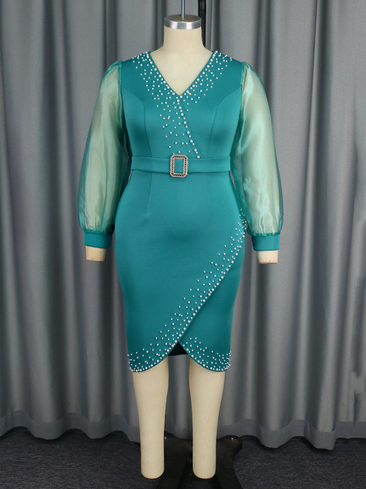 Elegant V-Neck Bead Sheer Long Sleeve Party Dress