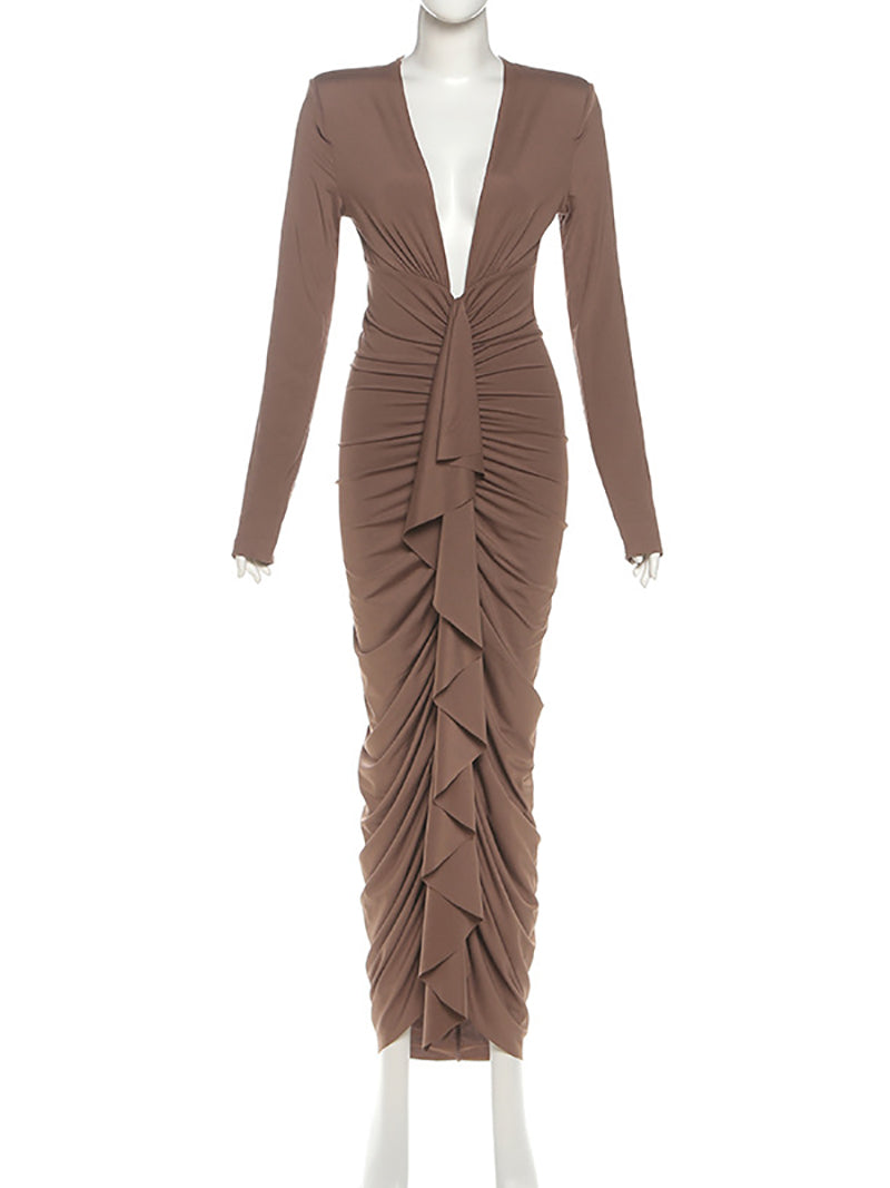 Sexy Deep V Neck Bodycon Ruffle Pleated Maxi Dress