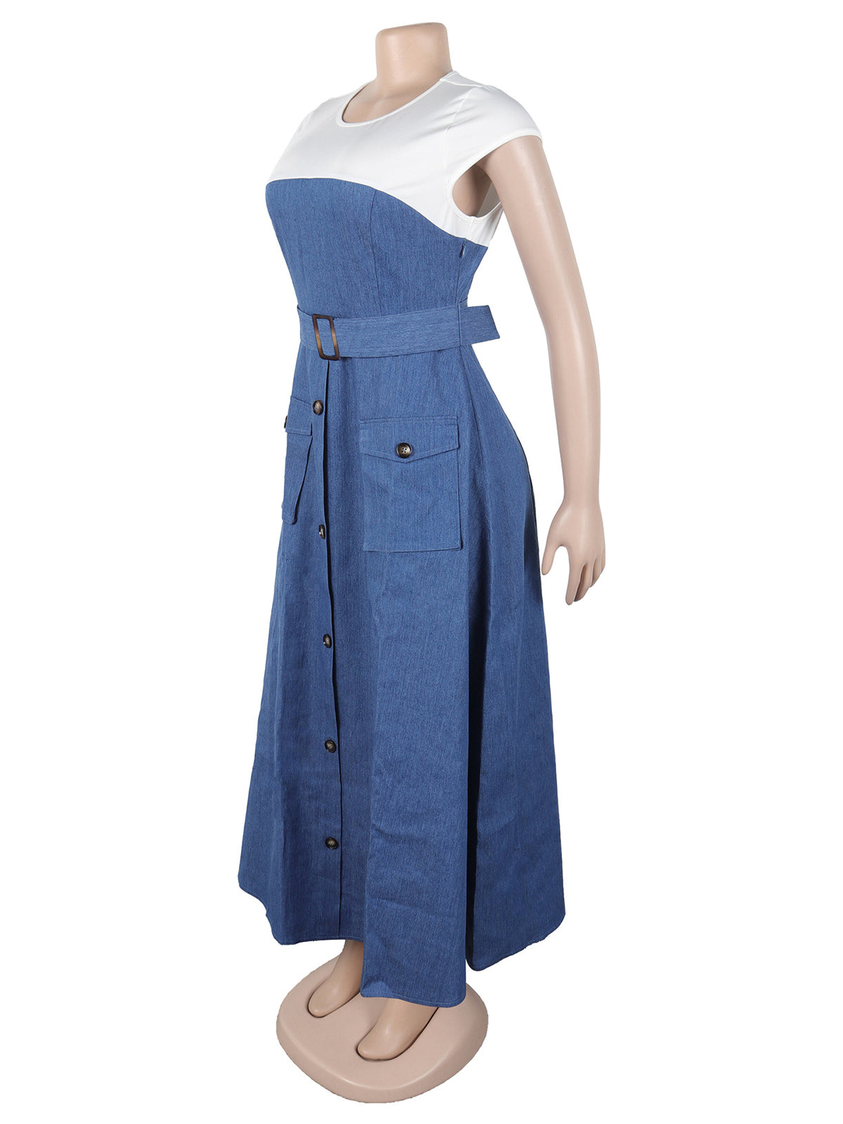 Casual Denim Patchwork Cinched Waist Maxi Dress