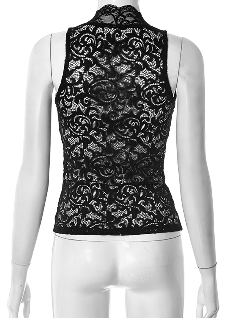 Sexy V Neck Mesh Lace See Through Tank Top