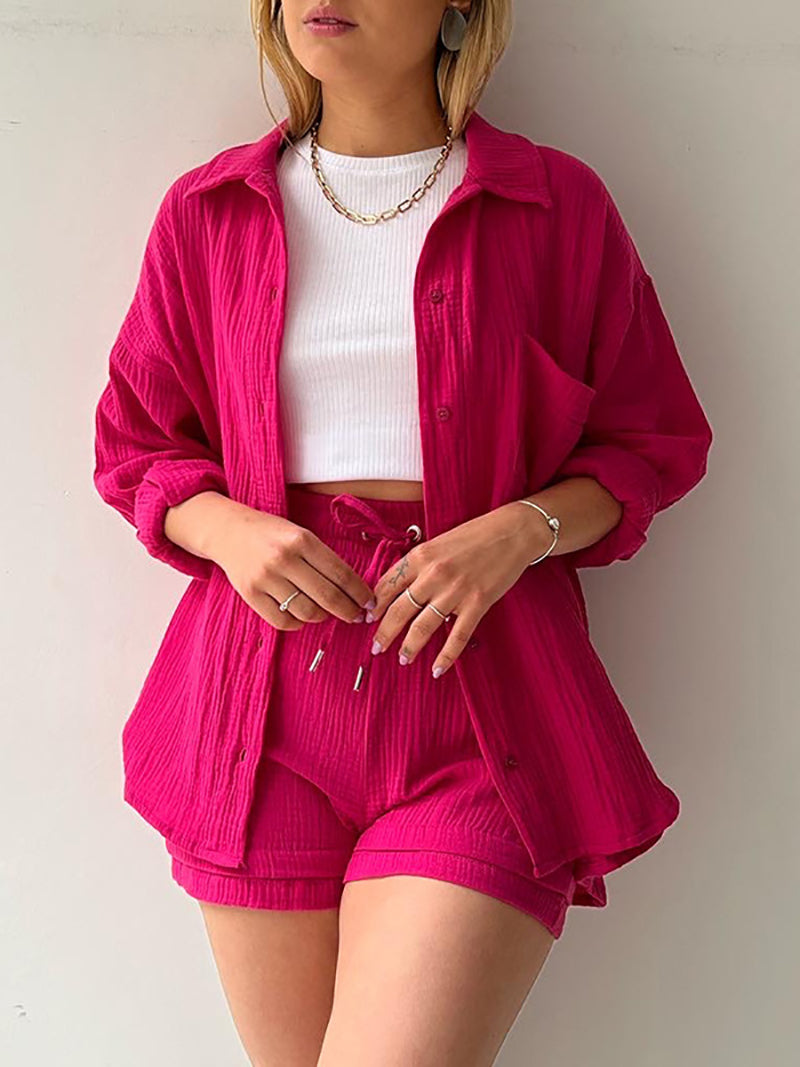 Long Sleeve Shirt Drawstring Shorts 3 Piece Set