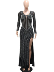 Rhinestone Mesh Slit Maxi Dress
