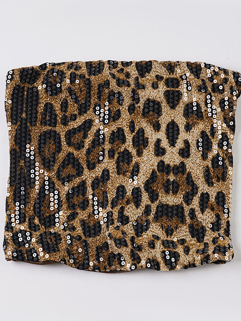 Sexy Leopard Print Sequin Strapless Corset Top