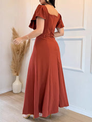 Casual V Neck Ruffles Sleeve Slim Maxi Dress