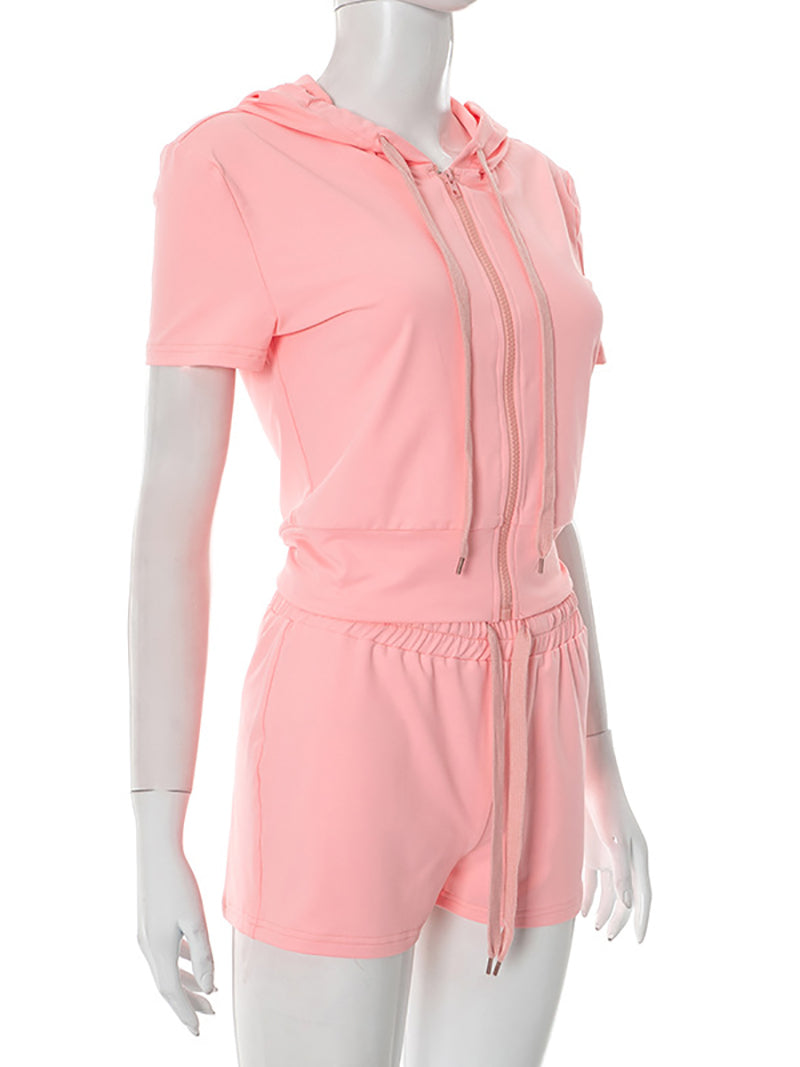 Front Zipper Hooded Crop Top Shorts Casual Set