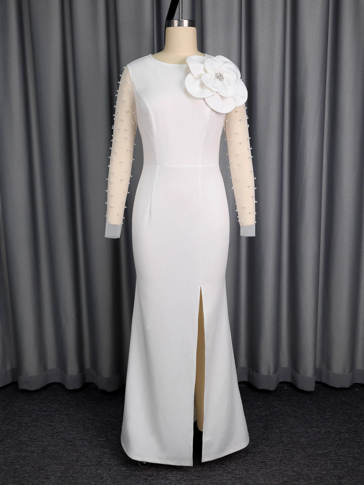 Elegant Mesh Sleeve Patchwork Slit Maxi Dress