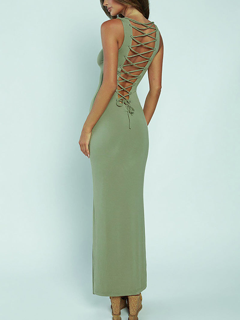 Sexy Hollow Out Solid Straight Fit Maxi Dress