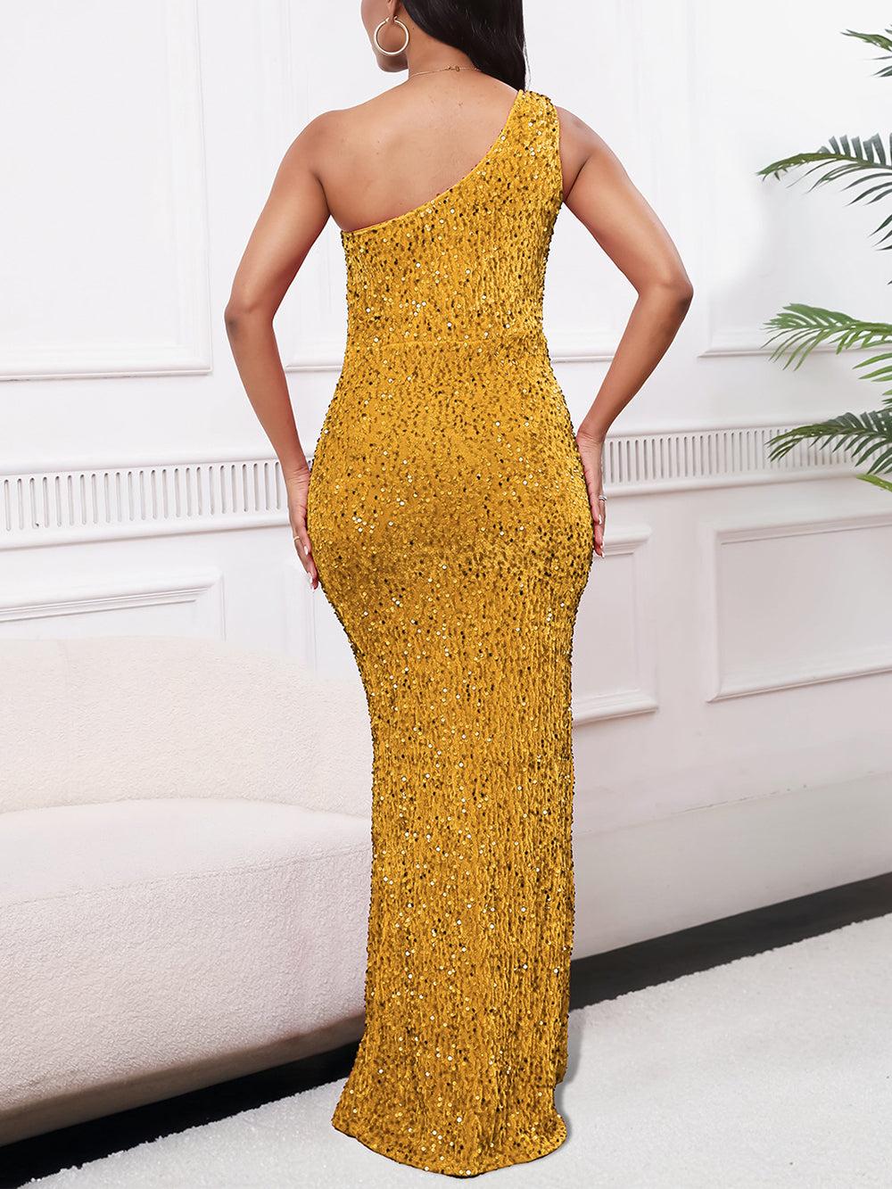 Sequins Sleeveless Oblique Collar High Slit Maxi Dress