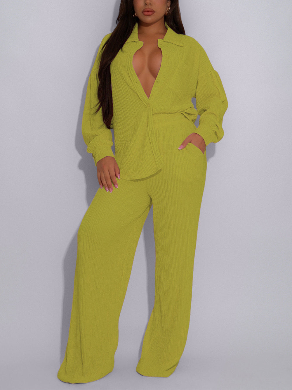 Button Front Lettuce Trim Shirt Wide Leg Pants Sets