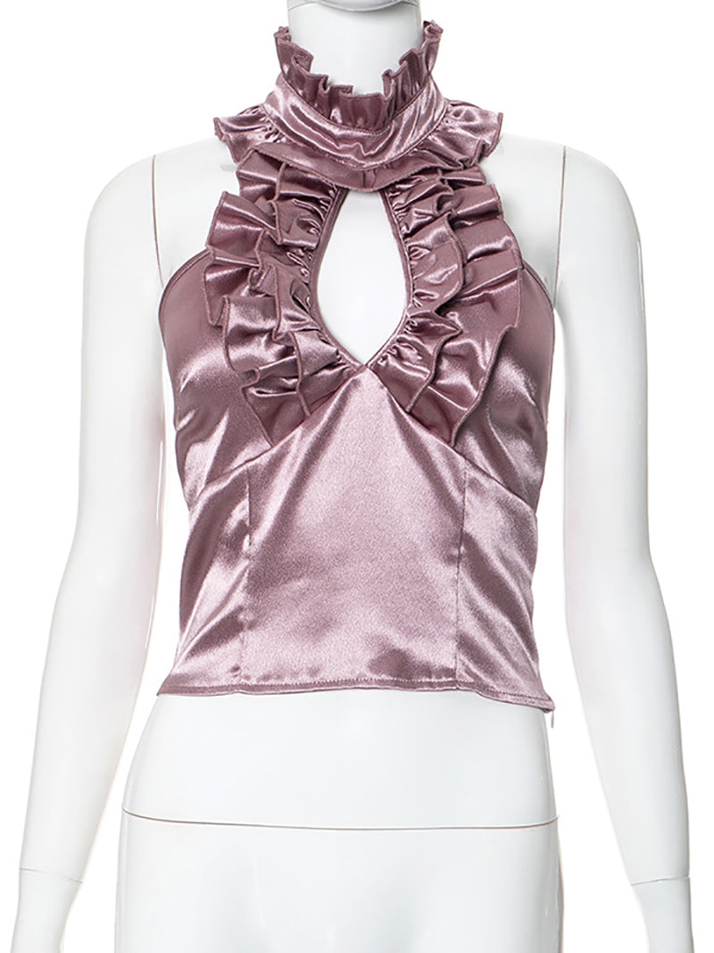 Shimmering Ruffled Sleeveless Halter Top