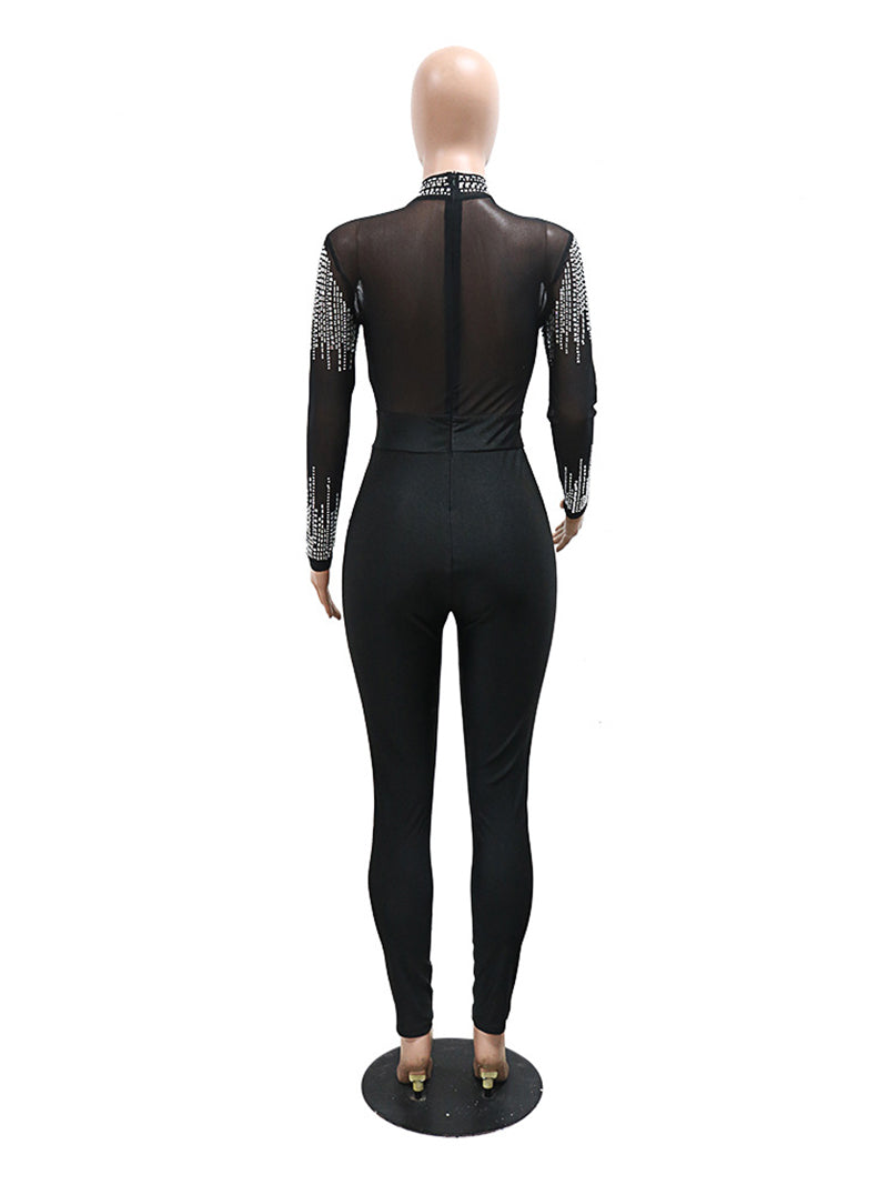 Rhinestone See-through Bodycon Jumpsuit