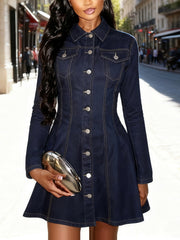 Fashion Pleated Denim Mini Shirt Dress