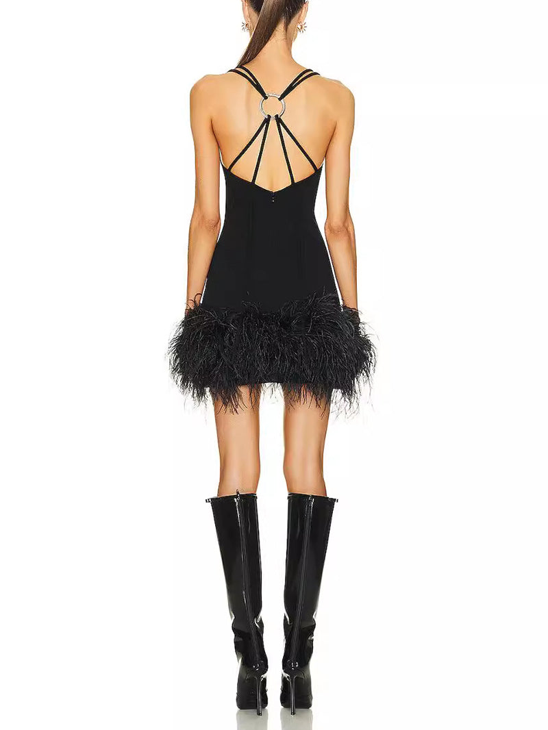 Sexy Spaghetti Strap Hollow Out Feather Mini Dress