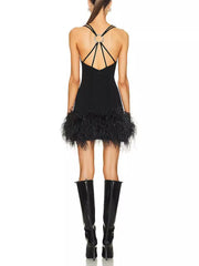 Sexy Spaghetti Strap Hollow Out Feather Mini Dress