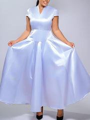 Glossy V Neck Short Sleeve Maxi Dress