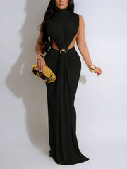 Elegance Sleeveless Ruched Side Slit Maxi Dress